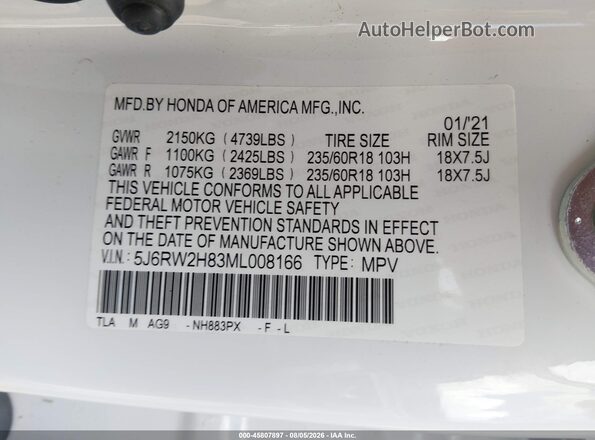 5J6RW2H83ML008166 2021 HONDA CR-V Tan Widok komory silnika