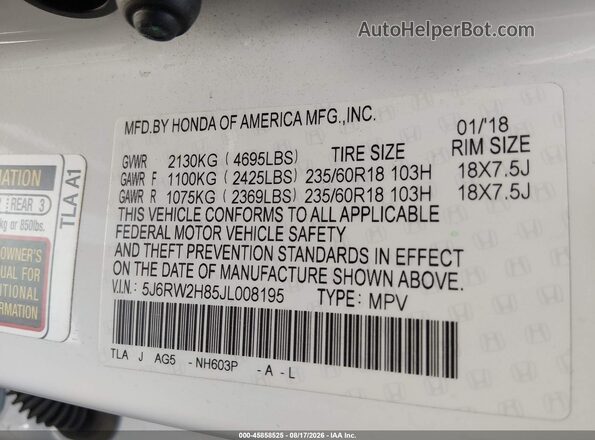 5J6RW2H85JL008195 2018 HONDA CR-V White Widok komory silnika