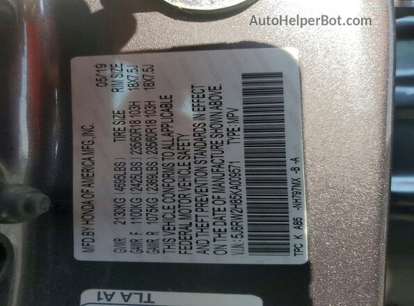 5J6RW2H85KA009571 2019 HONDA CR-V Gray VIN კოდის სტიკერის ხედი