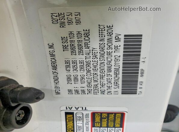 5J6RW2H85ML011912 2021 HONDA CR-V White Панорамний вид салону 360°