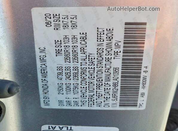 5J6RW2H86LA010956 2020 HONDA CR-V Silver VIN sticker view