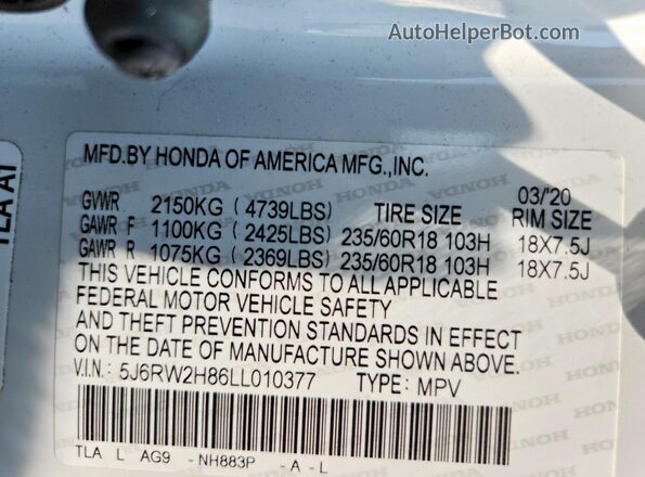 5J6RW2H86LL010377 2020 HONDA CR-V White Vista interior de 360 grados