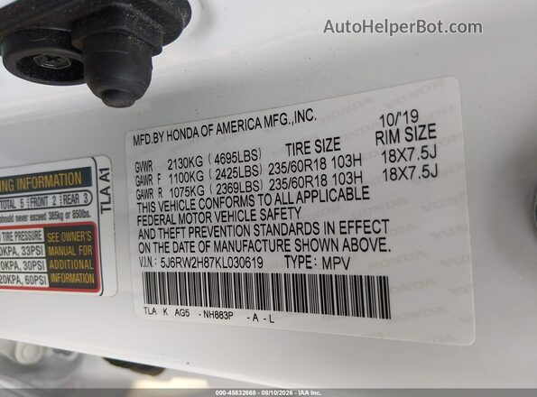 5J6RW2H87KL030619 2019 HONDA CR-V White Engine compartment view
