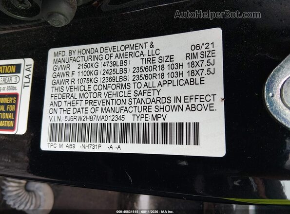 5J6RW2H87MA012345 2021 HONDA CR-V Черный Вид подкапотного пространства