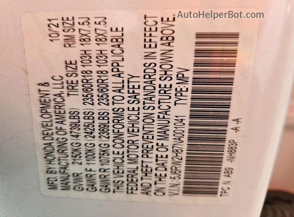 5J6RW2H87NA001041 2022 HONDA CR-V White Vista de la etiqueta del VIN