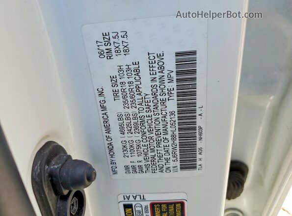 5J6RW2H88HL052136 2017 HONDA CR-V White VIN კოდის სტიკერის ხედი