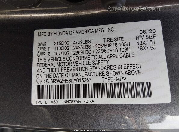 5J6RW2H88LA015267 2020 HONDA CR-V Gray Vista del compartimento del motor
