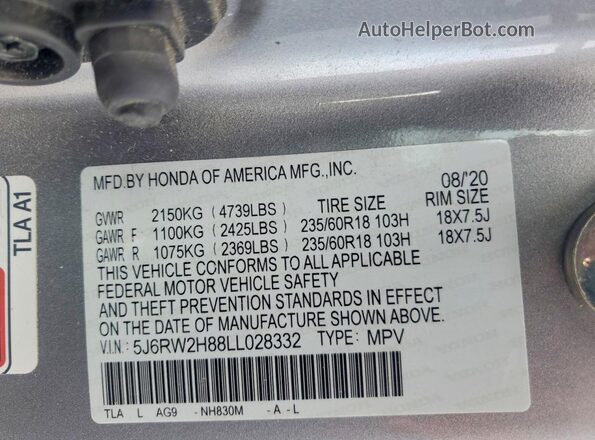 5J6RW2H88LL028332 2020 HONDA CR-V Gray Vista de la etiqueta del VIN