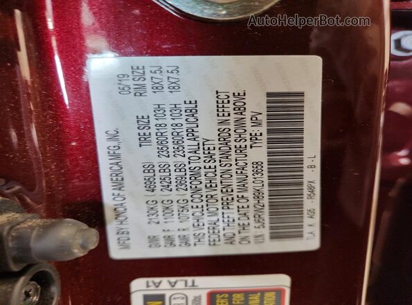 5J6RW2H89KL013658 2019 HONDA CR-V Burgundy Widok naklejki z numerem VIN