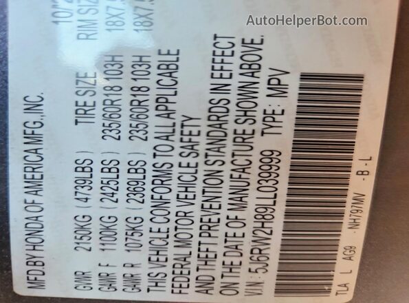 5J6RW2H89LL039999 2020 HONDA CR-V Gray Vista de la etiqueta del VIN
