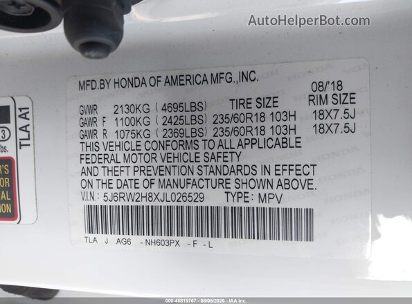 5J6RW2H8XJL026529 2018 HONDA CR-V White Vista del compartimento del motor