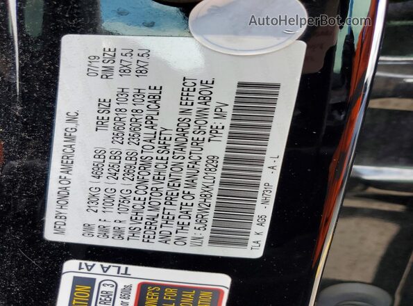 5J6RW2H8XKL018299 2019 HONDA CR-V Black VIN კოდის სტიკერის ხედი