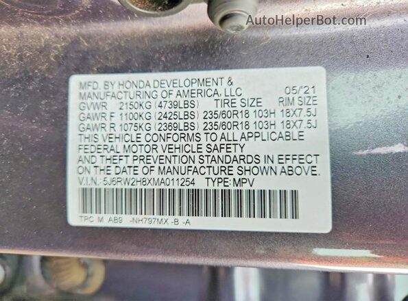 5J6RW2H8XMA011254 2021 HONDA CR-V Gray Vista de la etiqueta del VIN