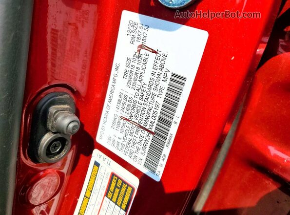 5J6RW2H8XML005197 2021 HONDA CR-V Red VIN sticker view