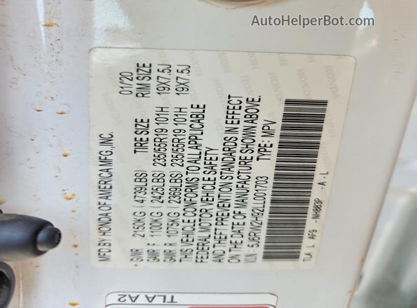 5J6RW2H92LL001703 2020 HONDA CR-V White VIN կոդի պիտակի տեսք