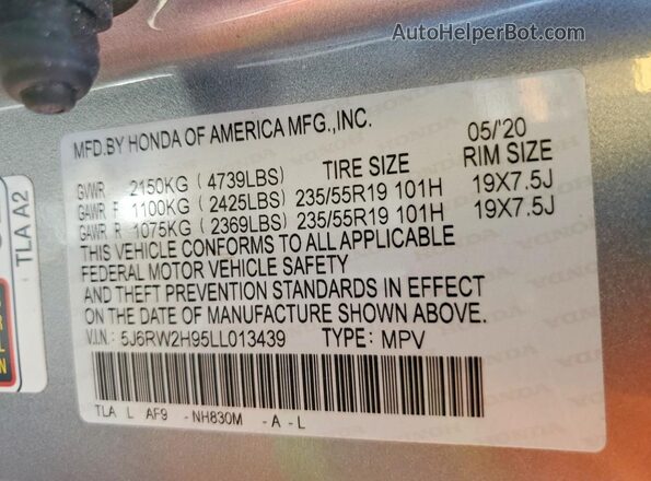 5J6RW2H95LL013439 2020 HONDA CR-V Silver VIN კოდის სტიკერის ხედი