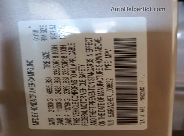 5J6RW2H97JL008532 2018 HONDA CR-V Tan Vista de la etiqueta del VIN