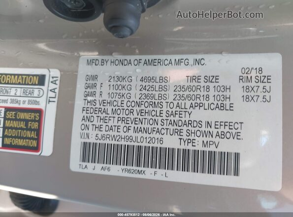 5J6RW2H99JL012016 2018 HONDA CR-V Gold Vista del compartimento del motor
