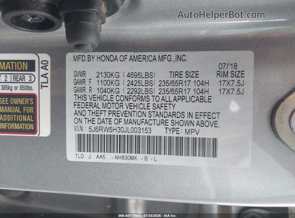 5J6RW5H30JL003153 2018 HONDA CR-V Silver Вид підкапотного простору