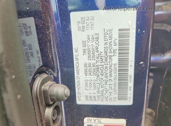 5J6RW5H39JL002616 2018 HONDA CR-V Blue Vista interior de 360 grados