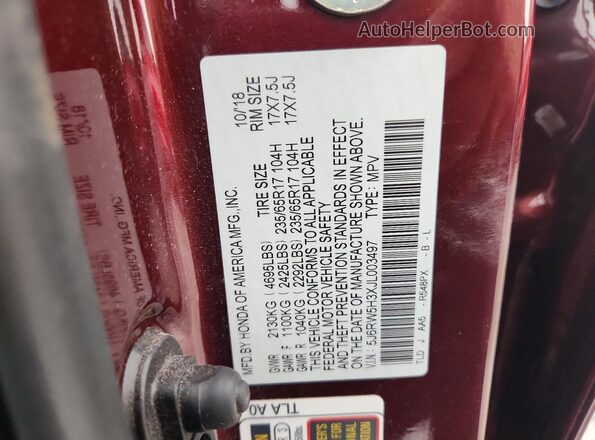 5J6RW5H3XJL003497 2018 HONDA CR-V Red Вид підкапотного простору
