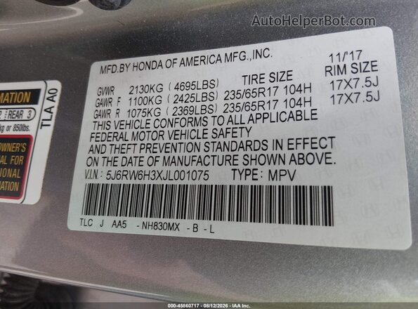 5J6RW6H3XJL001075 2018 HONDA CR-V Silver Widok komory silnika