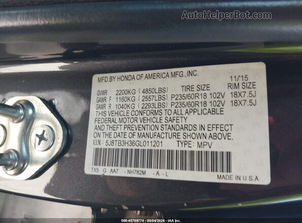 5J8TB3H36GL011201 2016 ACURA RDX Gray Engine compartment view