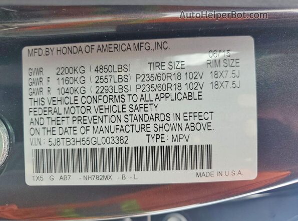 5J8TB3H55GL003382 2016 ACURA RDX Gray Vista de la etiqueta del VIN