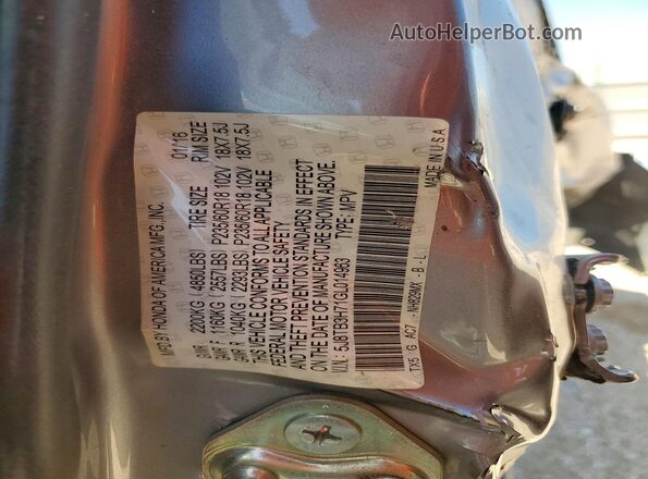 5J8TB3H71GL014963 2016 ACURA RDX Silver VIN sticker view