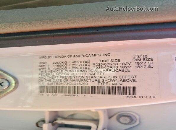 5J8TB3H73GL018299 2016 ACURA RDX White VIN sticker view