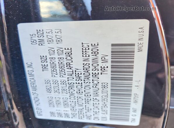 5J8TB4H35GL001863 2016 ACURA RDX Черный Вид наклейки с VIN-кодом