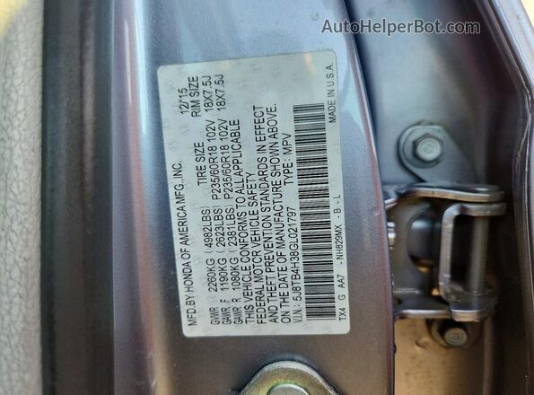 5J8TB4H38GL021797 2016 ACURA RDX Серебряный Вид наклейки с VIN-кодом
