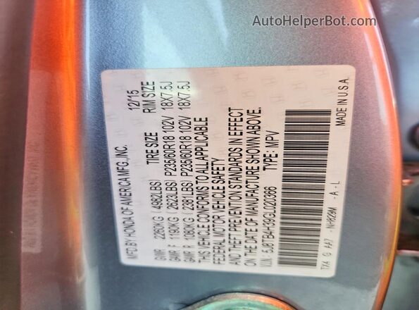 5J8TB4H39GL020366 2016 ACURA RDX Серый Вид наклейки с VIN-кодом