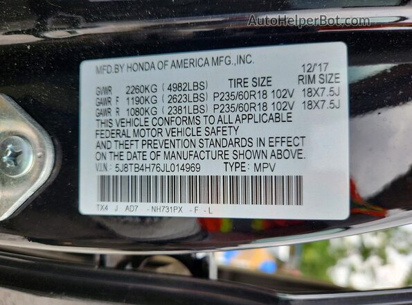 5J8TB4H76JL014969 2018 ACURA RDX Black Vista de la etiqueta del VIN
