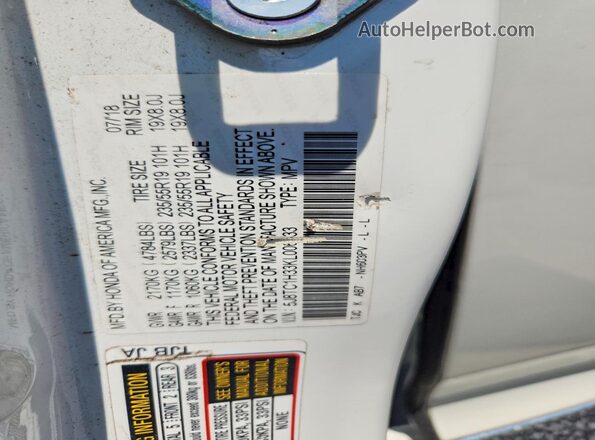5J8TC1H33KL006533 2019 ACURA RDX Белый Вид наклейки с VIN-кодом
