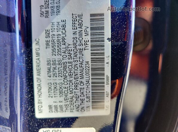 5J8TC1H34LL002234 2020 ACURA RDX Blue VIN კოდის სტიკერის ხედი
