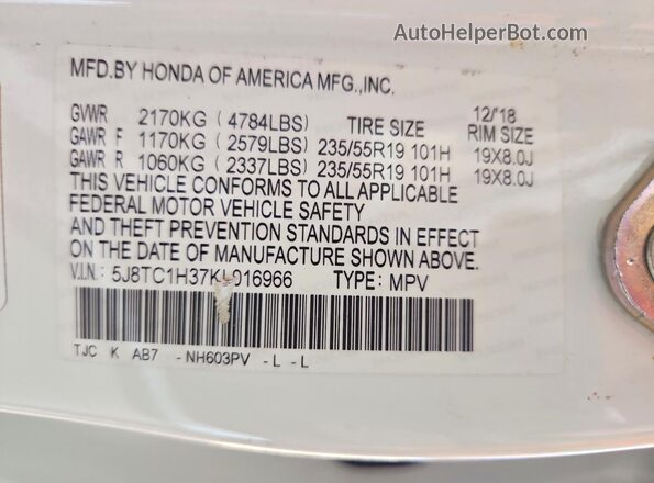 5J8TC1H37KL016966 2019 ACURA RDX White Widok naklejki z numerem VIN
