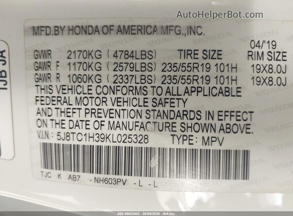 5J8TC1H39KL025328 2019 ACURA RDX White Engine compartment view