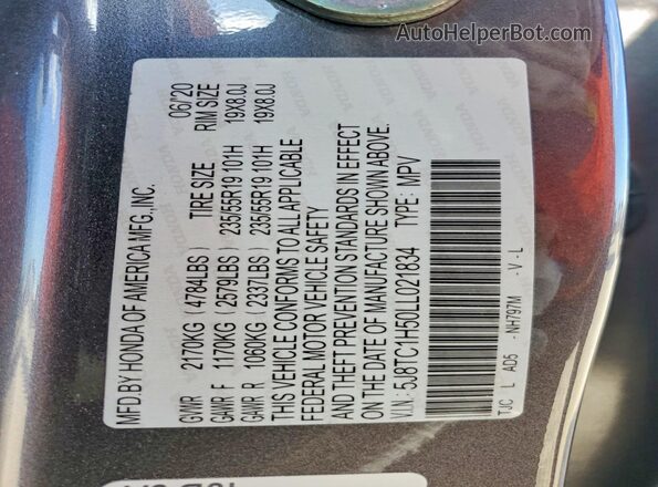 5J8TC1H50LL021834 2020 ACURA RDX Gray Widok naklejki z numerem VIN