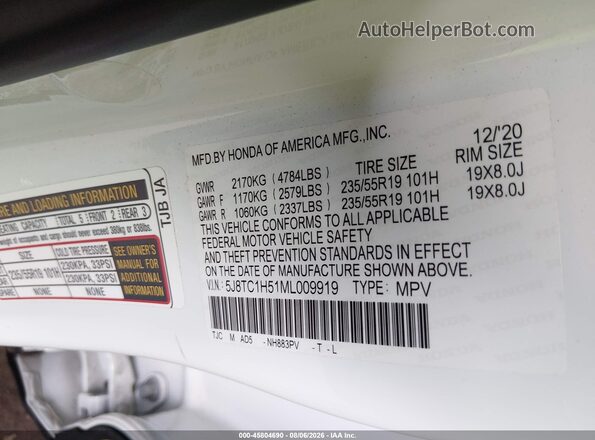 5J8TC1H51ML009919 2021 ACURA RDX White Widok komory silnika