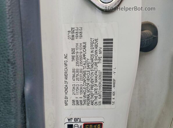 5J8TC1H53KL005027 2019 ACURA RDX White Widok naklejki z numerem VIN