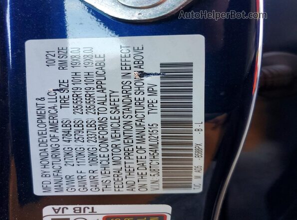 5J8TC1H54ML021515 2021 ACURA RDX Blue Widok naklejki z numerem VIN