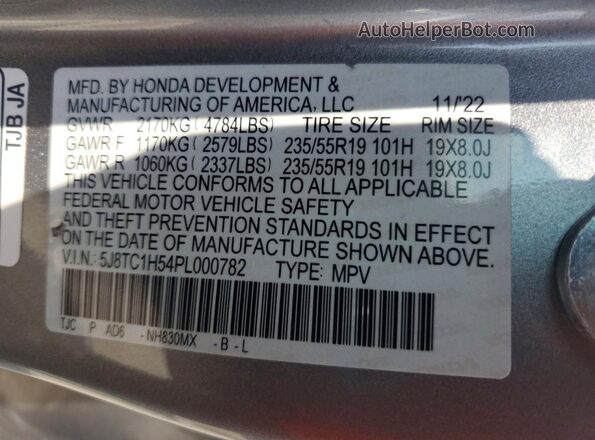 5J8TC1H54PL000782 2023 ACURA RDX Silver Widok naklejki z numerem VIN