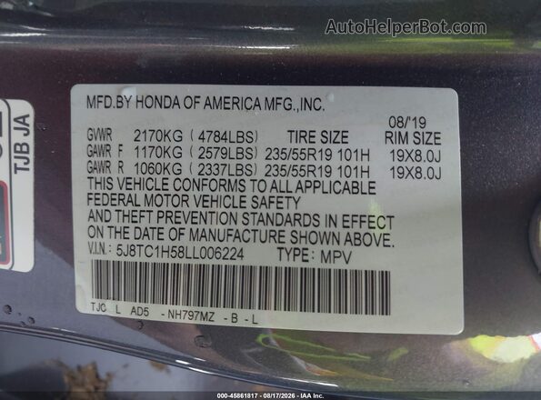 5J8TC1H58LL006224 2020 ACURA RDX Gray Engine compartment view