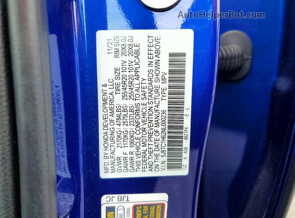 5J8TC1H62NL000236 2022 ACURA RDX Синий Вид наклейки с VIN-кодом
