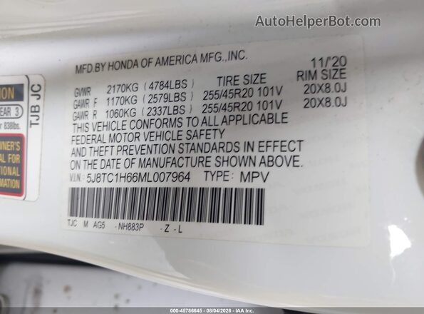 5J8TC1H66ML007964 2021 ACURA RDX White Vista del compartimento del motor
