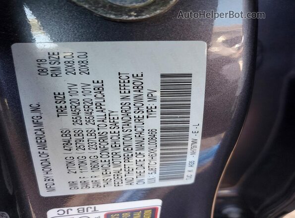 5J8TC1H6XKL008466 2019 ACURA RDX Gray Vista de la etiqueta del VIN