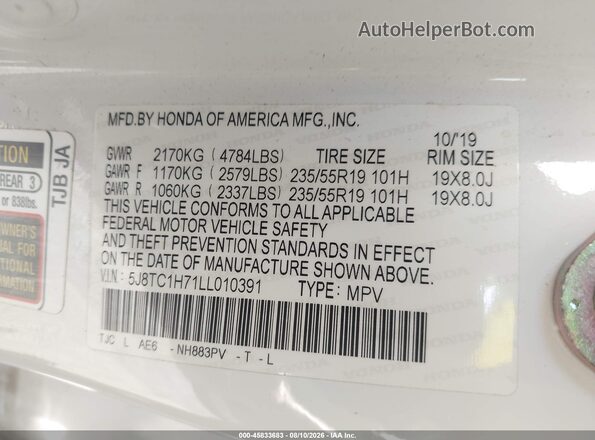 5J8TC1H71LL010391 2020 ACURA RDX White Widok komory silnika