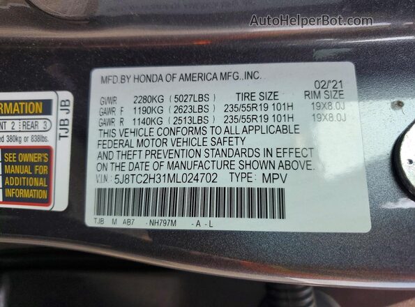 5J8TC2H31ML024702 2021 ACURA RDX Gray Vista de la etiqueta del VIN