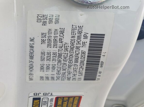 5J8TC2H32ML025387 2021 ACURA RDX White Widok naklejki z numerem VIN